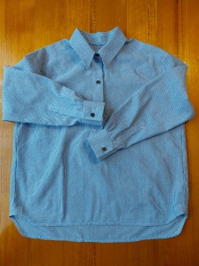 Image shows a shirt with long sleeves a traditional collar on a collar stand. The shirt is a pull-over style with a front button band that stops at mid chest level. The shirt has narrow blue and white stripes and has brown buttons on the button band and on the cuffs.